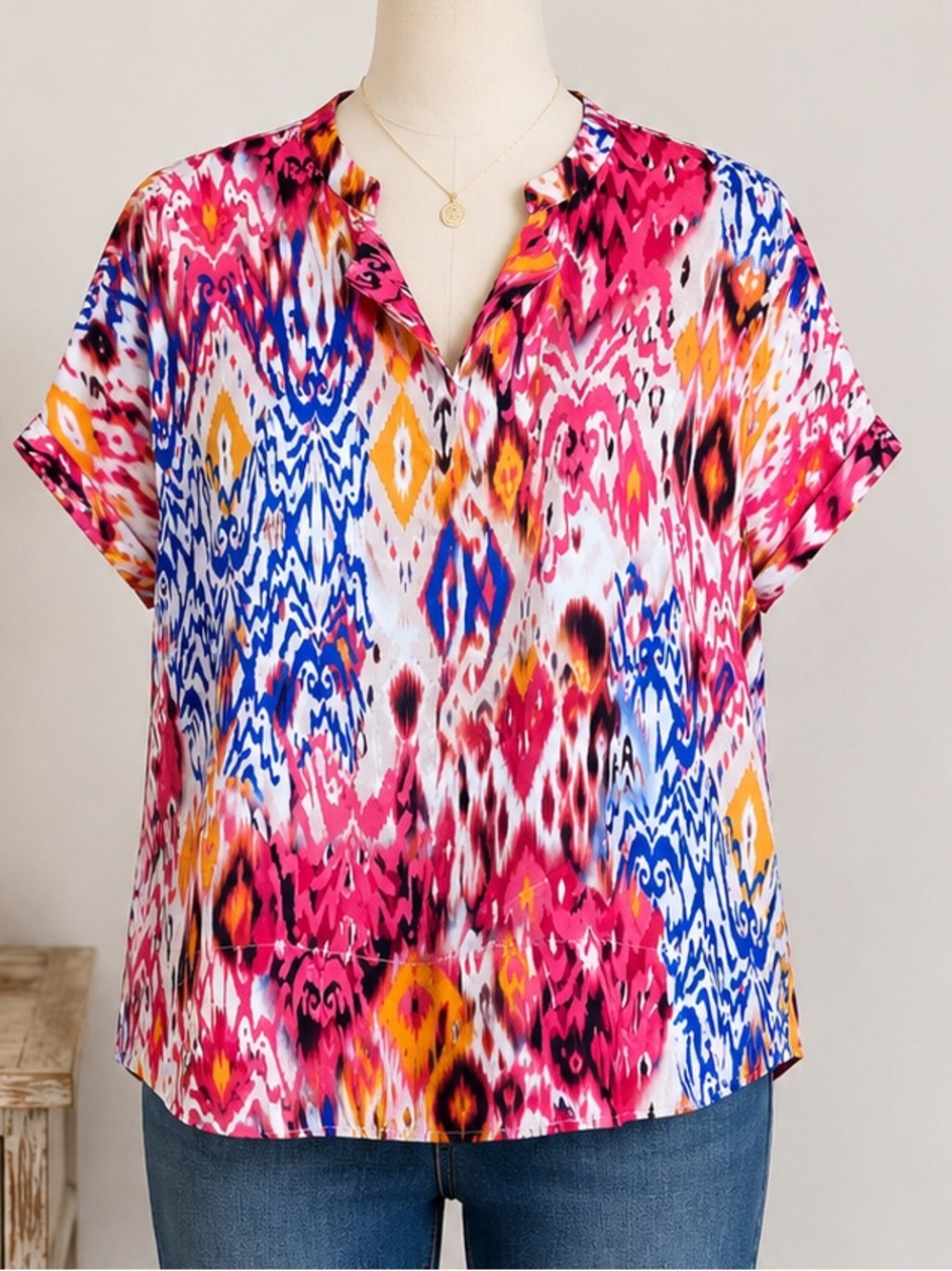 Chico's Ikat Print Blouse Size 1 Pink Blue Orange Abstract Boho Top
